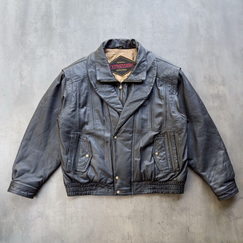 Vintage Original Expressions Genuine Leather Bomber Biker Jacket Mens XL Black